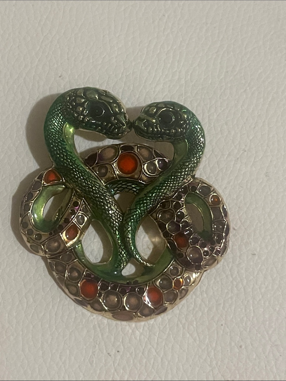 Green Double Snake Brooch with Multicolor Gem Accents